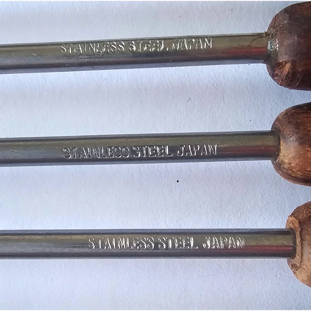 Vintage Fondue Forks Wood Stainless Steel Japan‎ Colored Tips Set of 6 Retro
